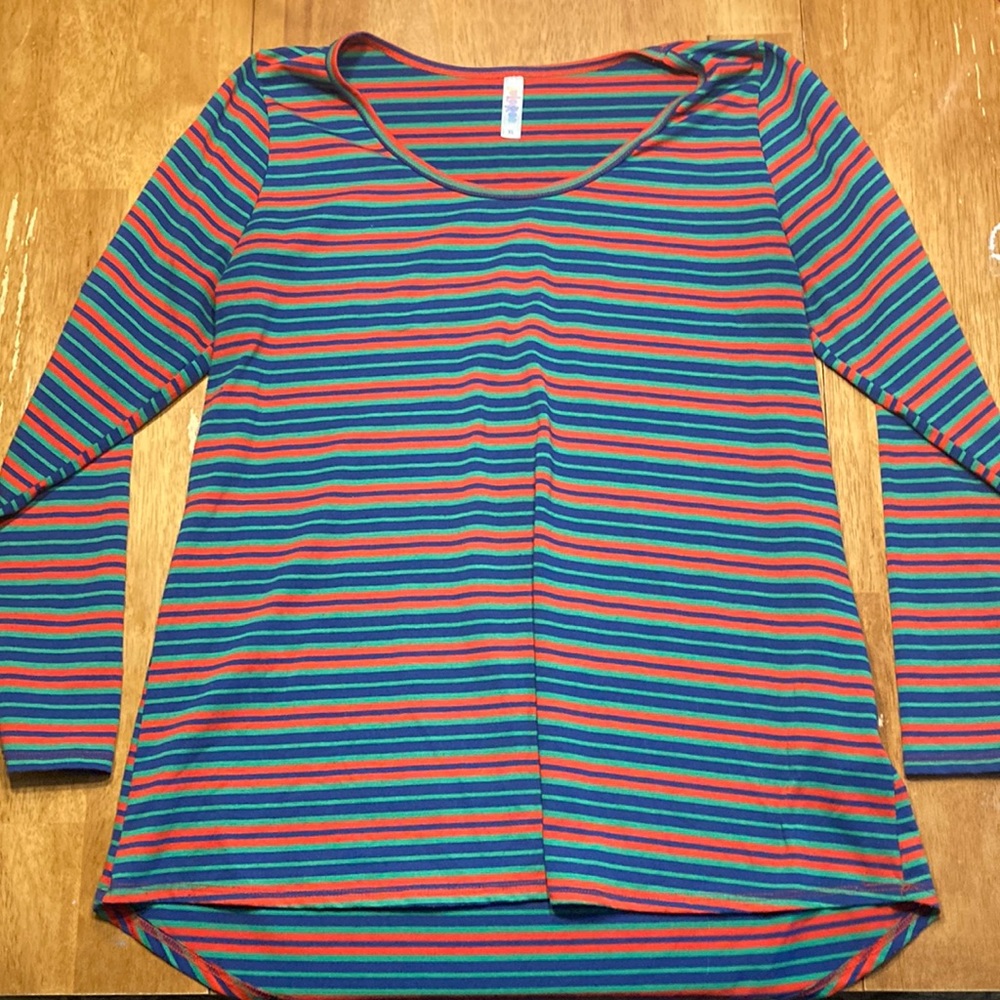 Lularoe Lynnae long sleeve tee blue green red striped tee size XL